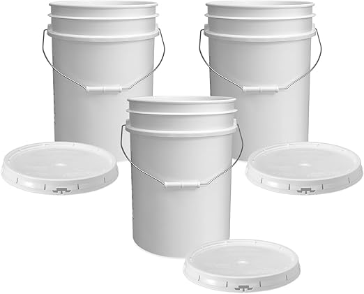 3 pk 5 Gallon Plastic Bucket with Airtight Lid I Food Grade Buckets, white, blue and black