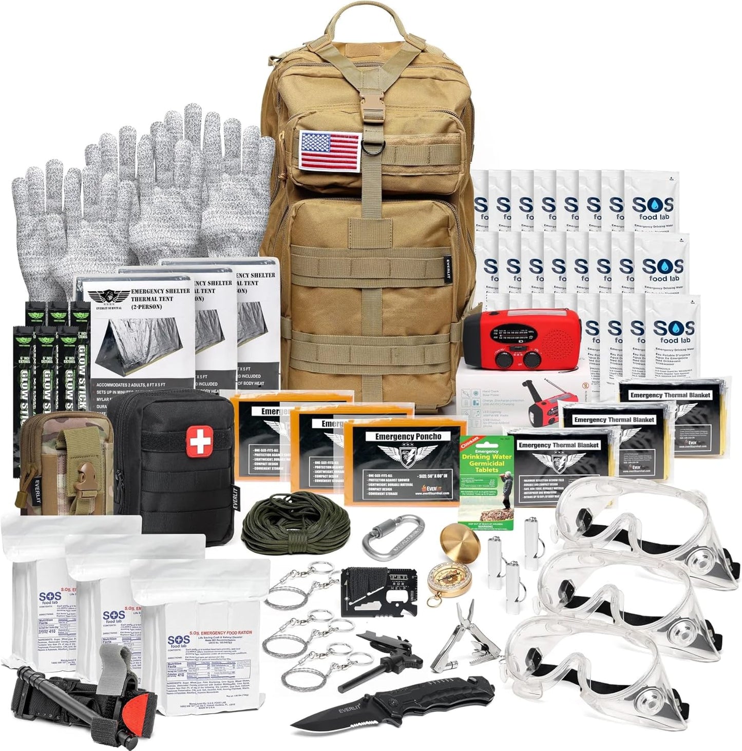 EVERLIT Complete 72 Hours Earthquake Bug Out Bag Emergency Survival Kit for Family. Be Prepared for Hurricanes, Floods, Tsunami, Other Disasters
