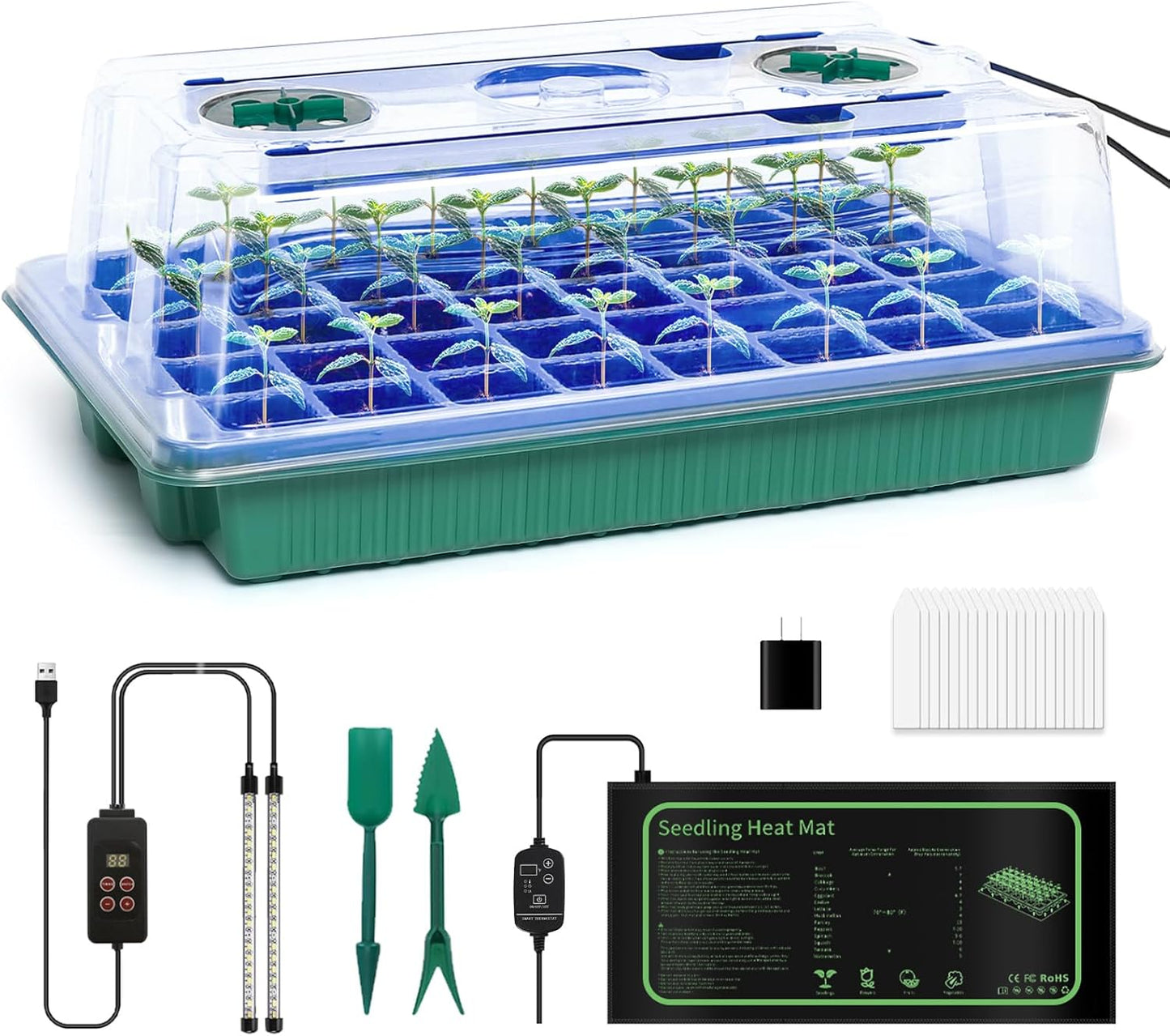 40 Cell Seed Starter Kit with Grow Light and Graphene Heating Mat, Reusable Seed Starter Tray with Higher 4.7”Humidity Domes