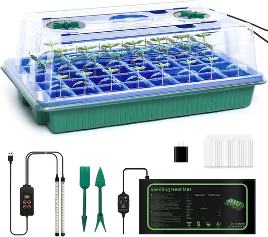 40 Cell Seed Starter Kit with Grow Light and Graphene Heating Mat, Reusable Seed Starter Tray with Higher 4.7”Humidity Domes