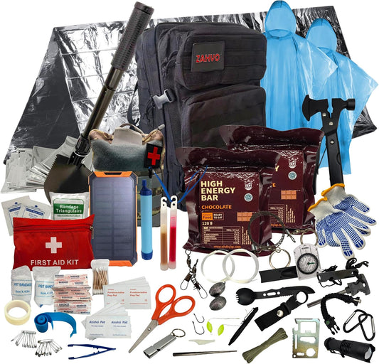 72 Hour Survival Kit with Food, Solar Power Bank, Water Purifier, First Aid & Tools - All Emergency Surviving for Disaster Preparedness & Evacuation